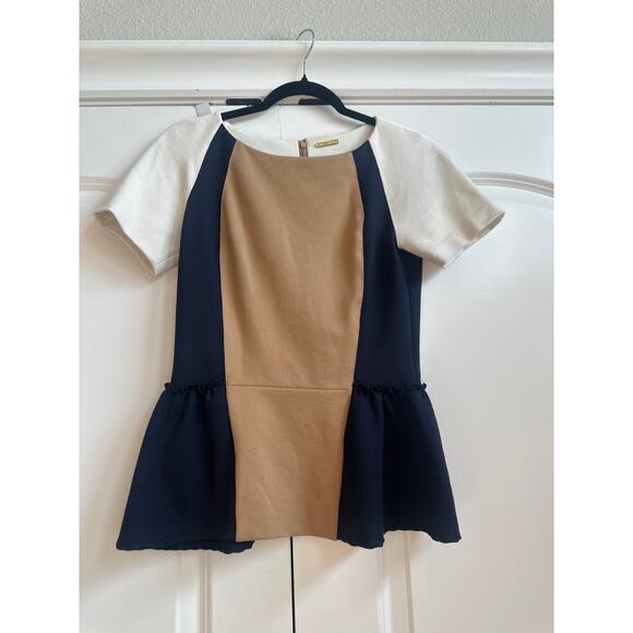 Rebecca Minkoff Navy, White, and Tan Block Style Preppy Peplum Zip Up Blouse - Picture 2 of 7